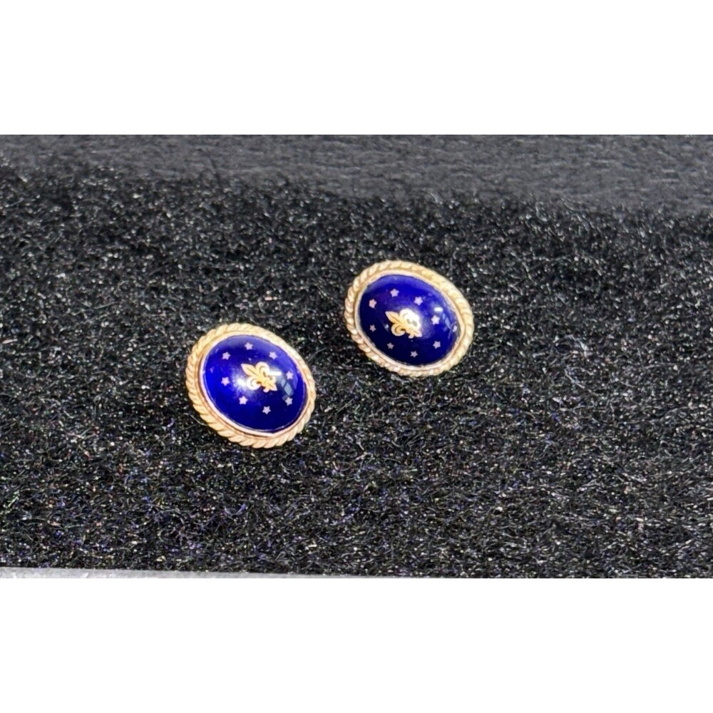 Vintage 14K Yellow Gold Blue Cobalt Gold Fleur De Lis Oval Stud Earrings
